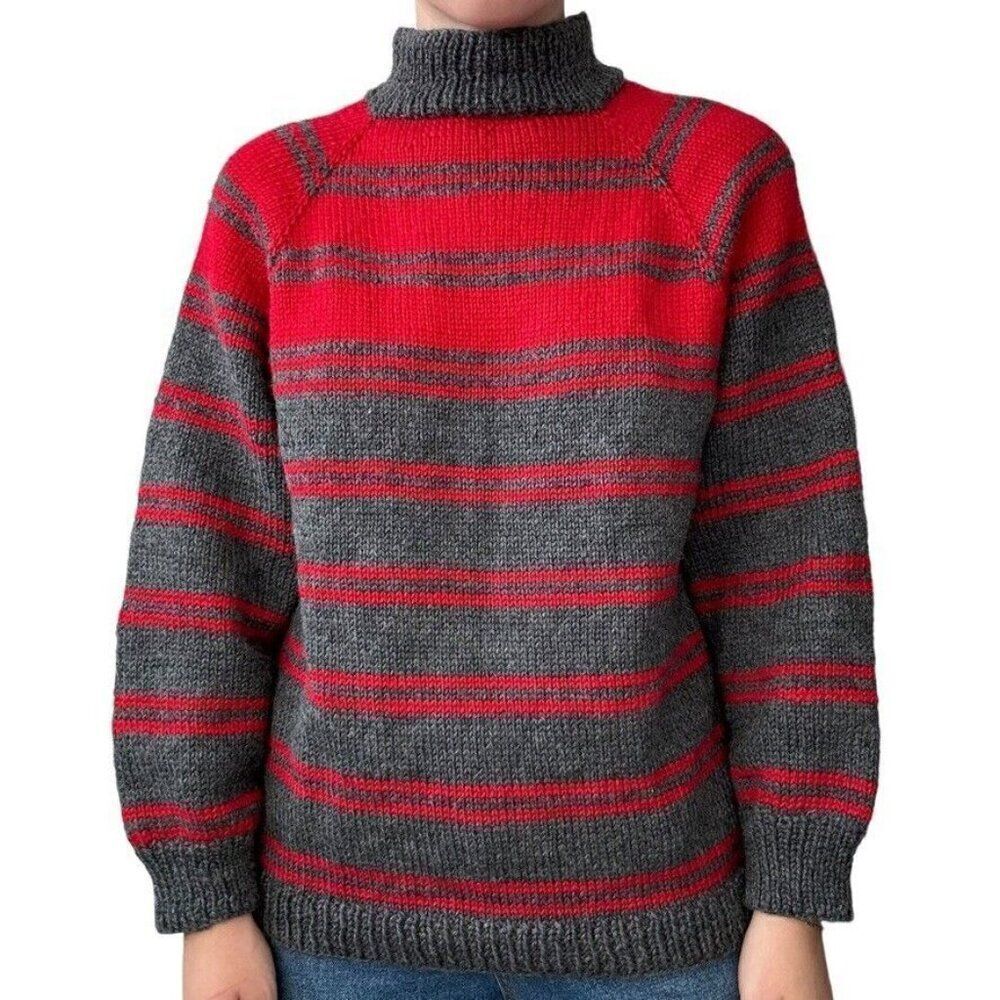 Hand Knit Womens Gray Red Striped Wool Mockneck Oversized Chunky Sweater Sz M